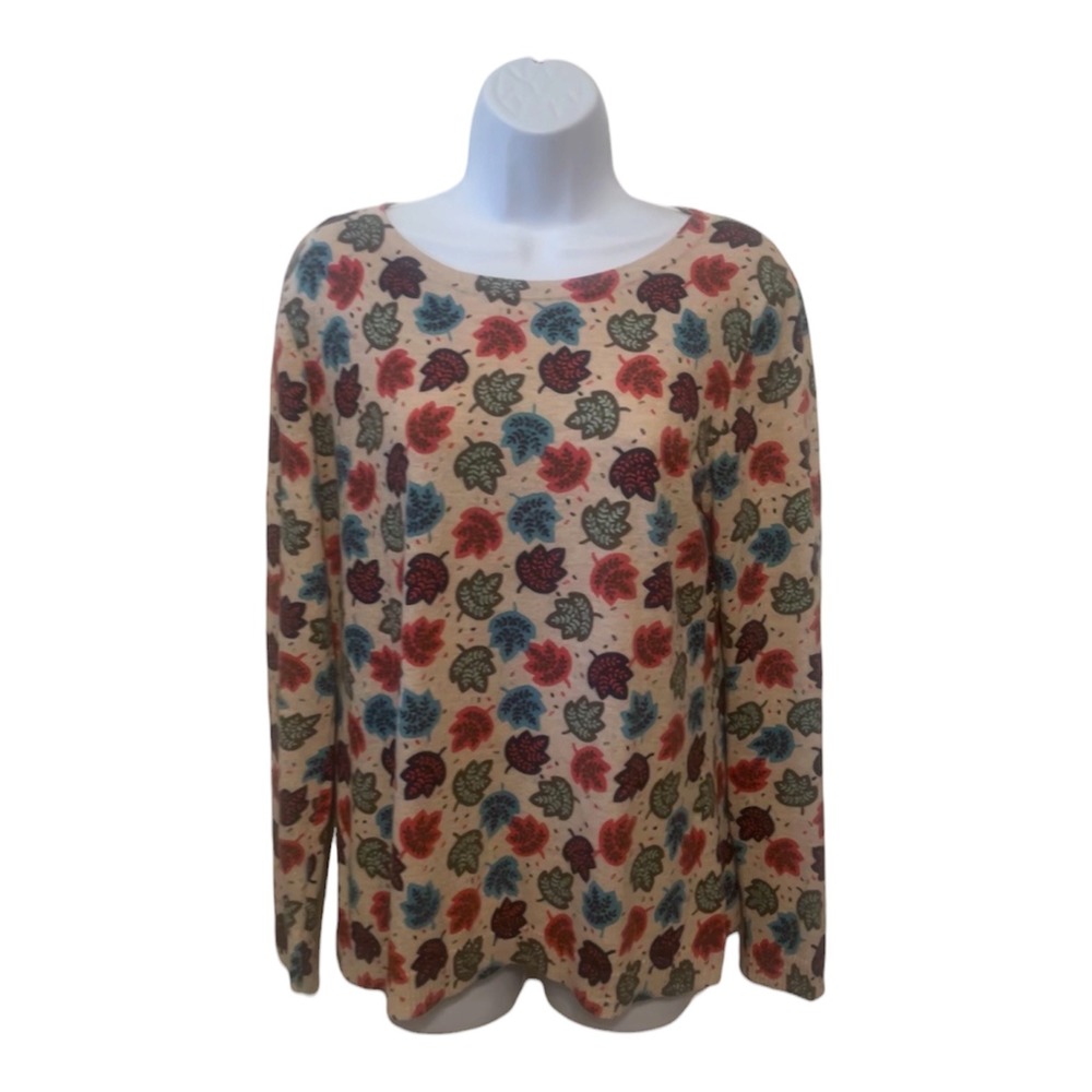 Talbots Womens Small Beige Fall Leaf Print Cotton Blend Long Sleeve Sweater